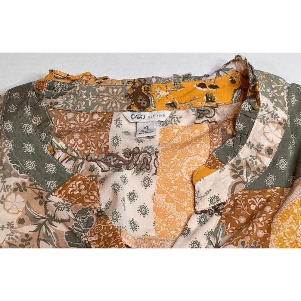 Patchwork Print Button Down Top Women Bubble Styl… - image 5